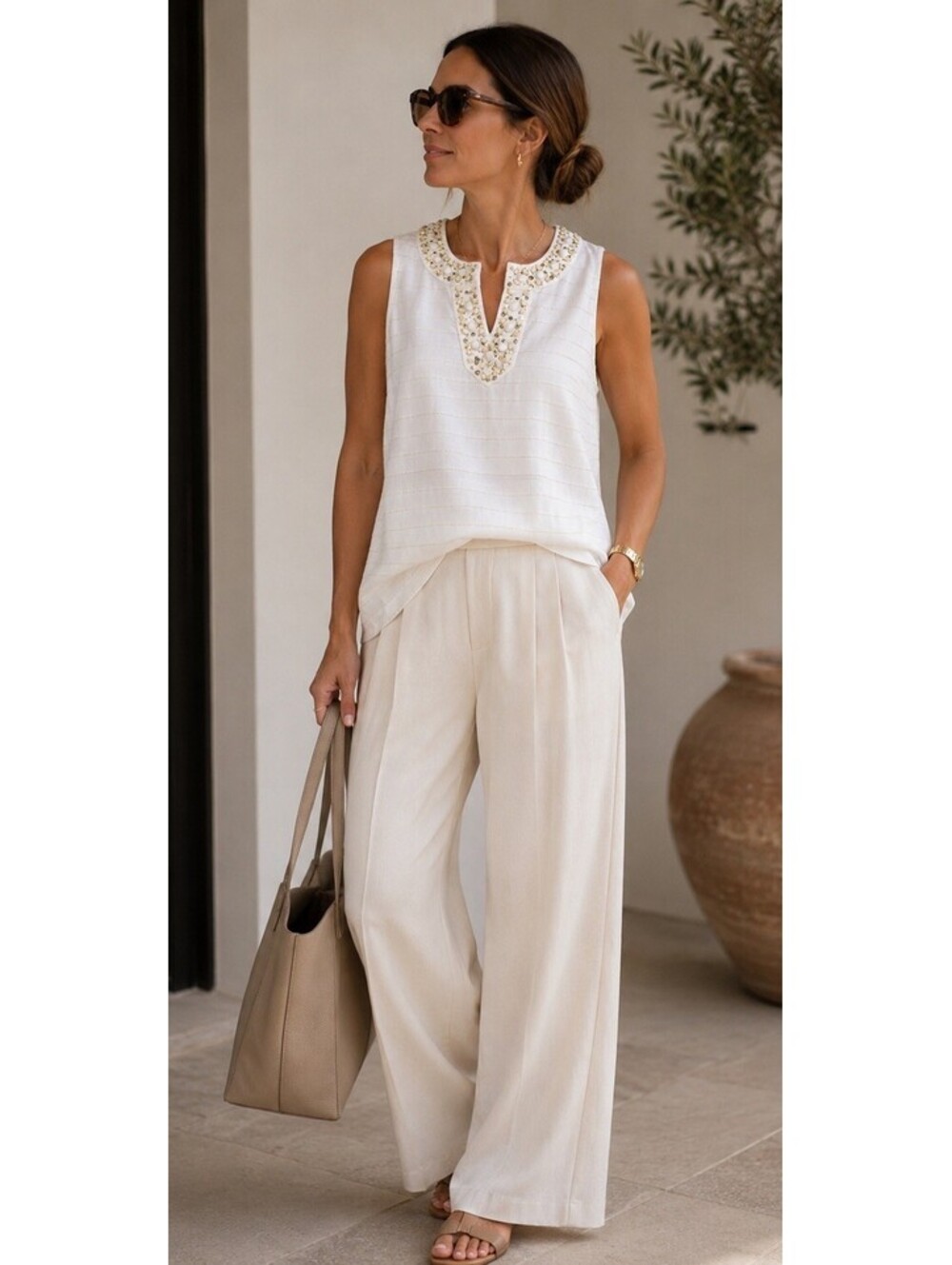Embellished Vineyard Vines Linen Blend Metallic Weave Top Quiet Luxury Hamptons